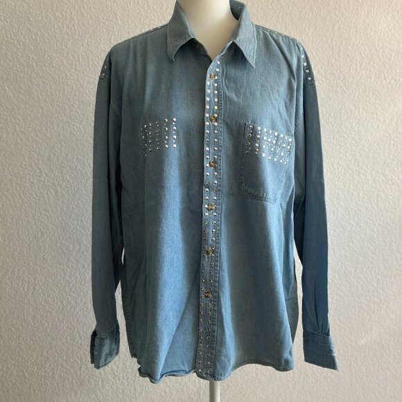 Infinity Fashions Studded Light Wash Denim Button-Down Shirt – XL – 100% Cotton - Picture 2 of 8